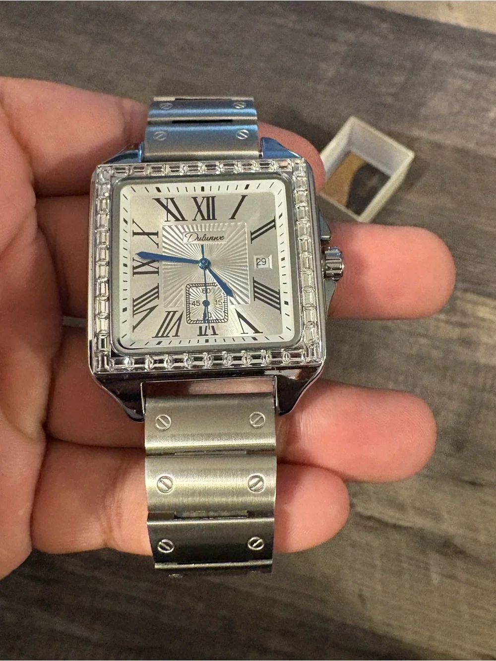 Cartier Men's Stainless Steel Square Watch with Blue Hands